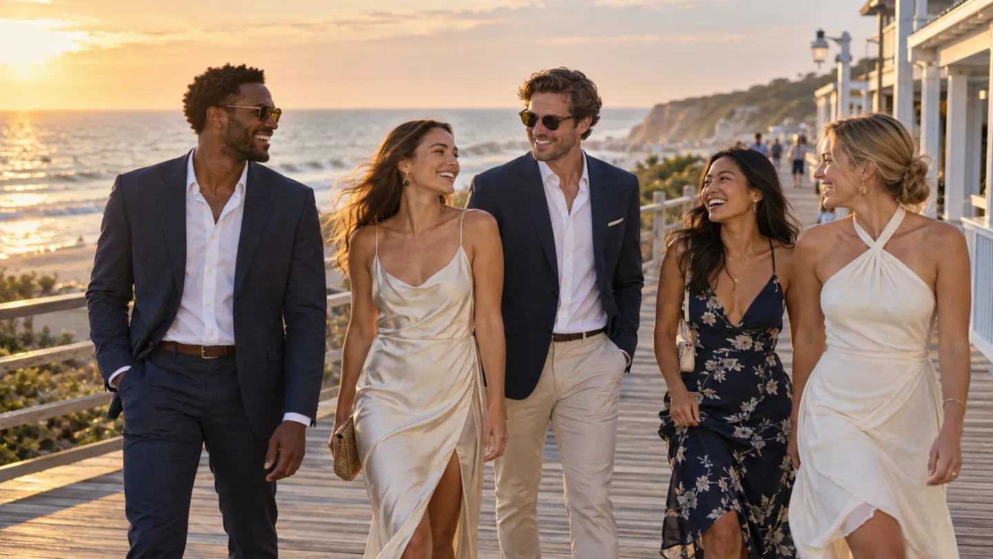 Five adult friends in event attire walking together along a coastal boardwalk at sunset